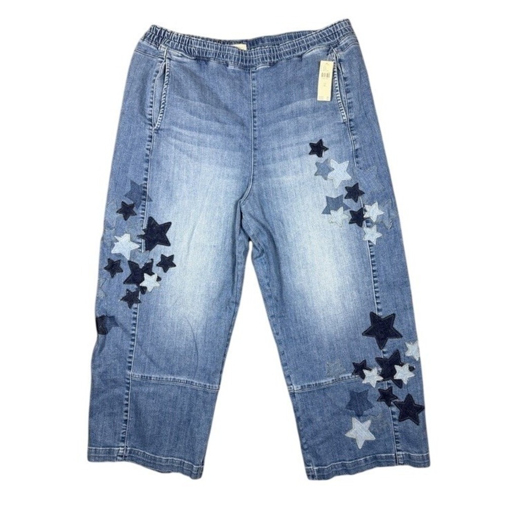 Pilcro Anthropologie Star Patch Wide Leg Crop Denim Pants Light Wash XL NEW